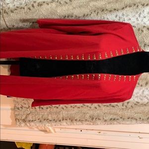 Red sweater with gold accent pieces